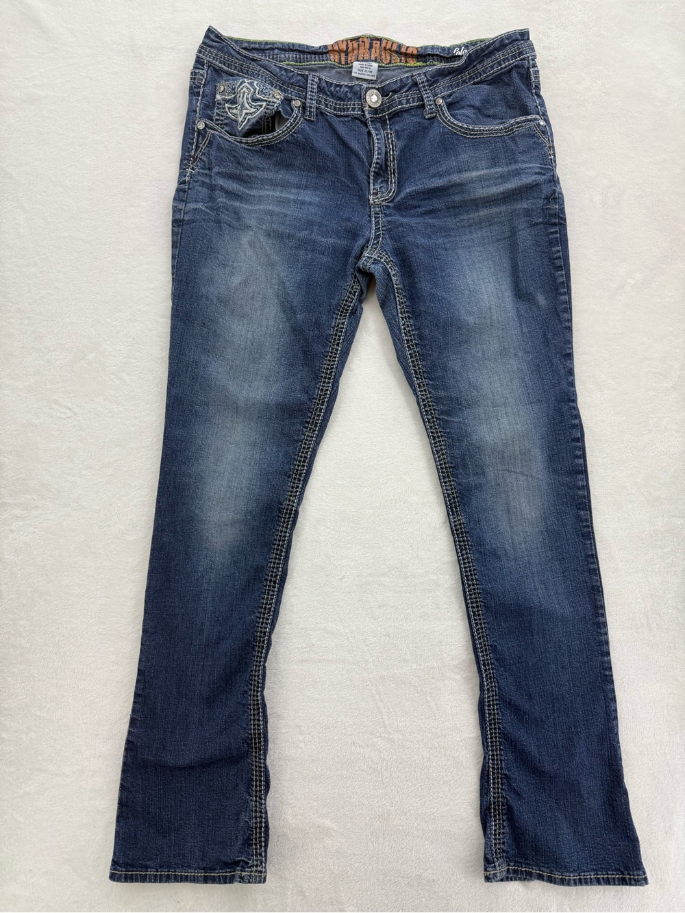 Vintage Hydraulic Lola Bootcut Jeans Size 17/18 Distressed Y2K Embroidered Cross